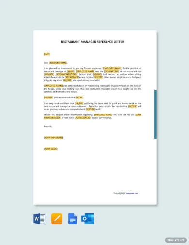 free restaurant manager reference letter template