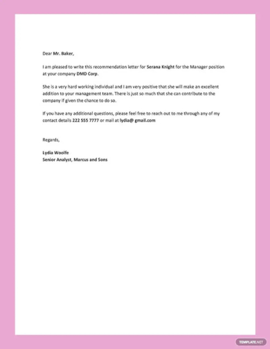 manager reference letter template