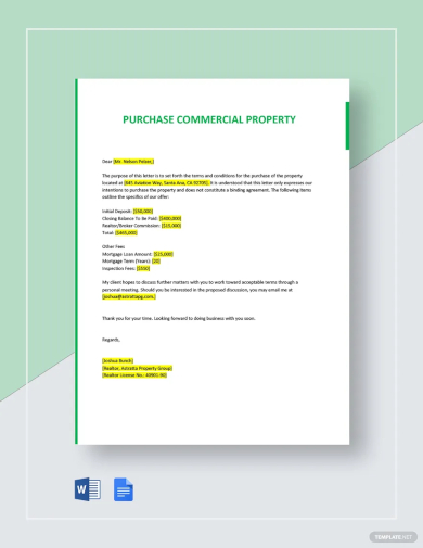 sample letter of intent to purchase commercial property template
