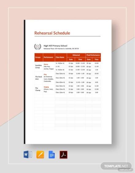 school rehearsal schedule template