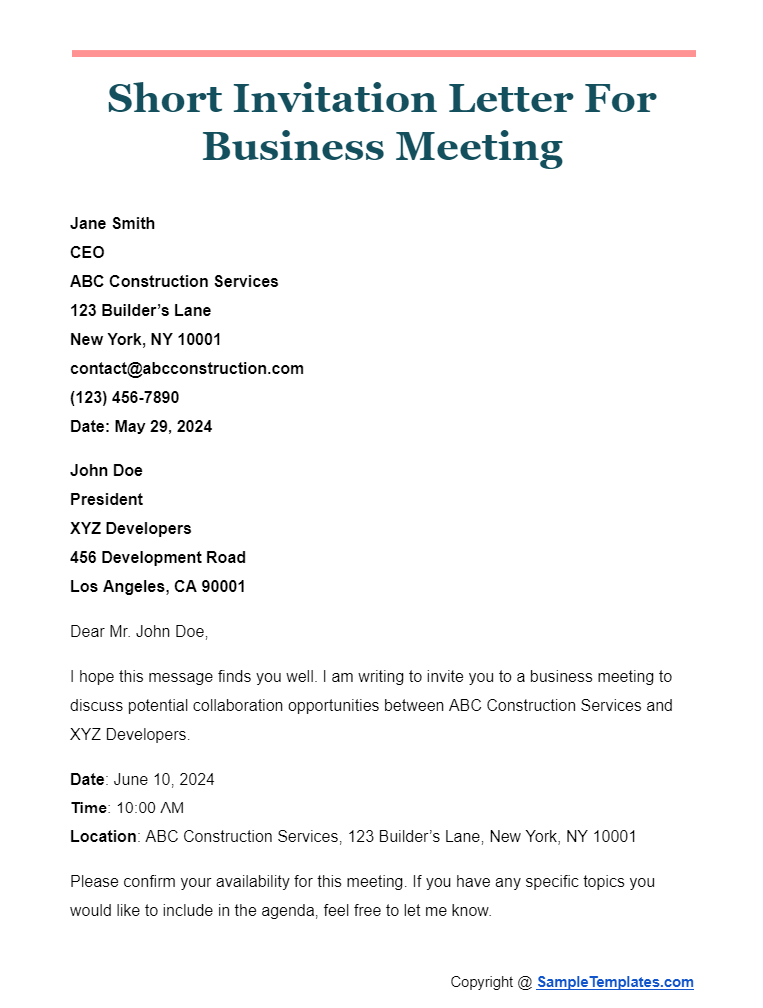 short invitation letter for business meeting