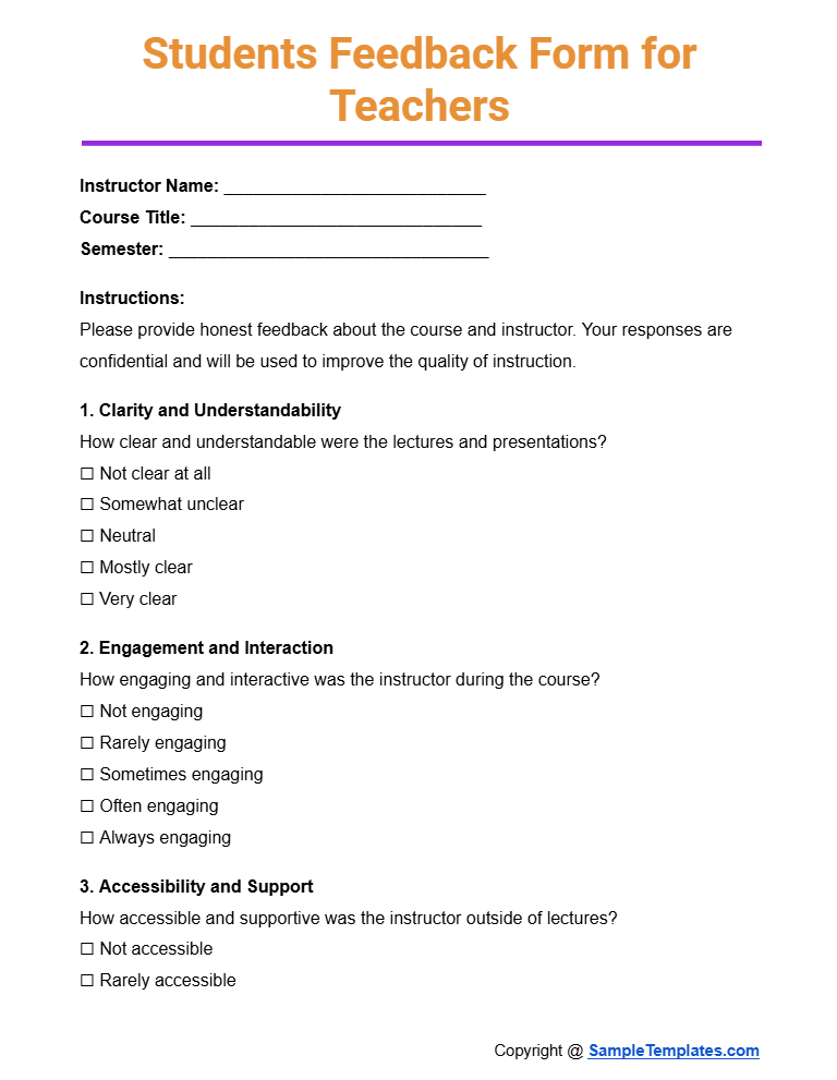 students feedback form for teachers