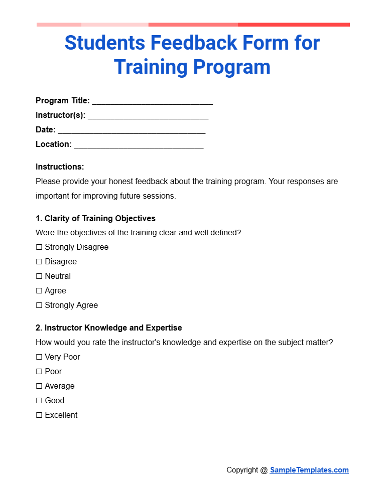 students feedback form for training program