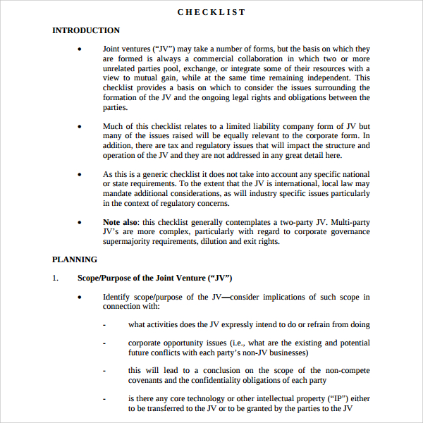 joint venture agreement checklist template