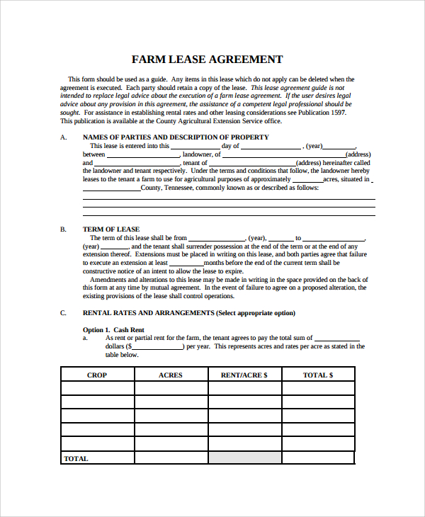 farm lease agreement