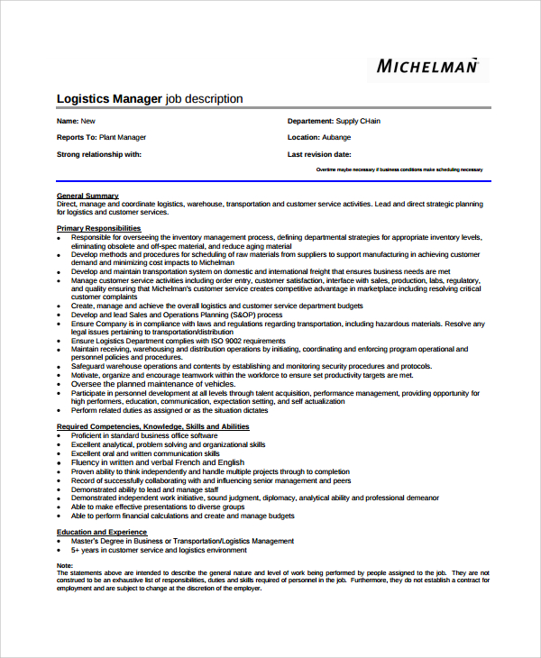 logistics job description template