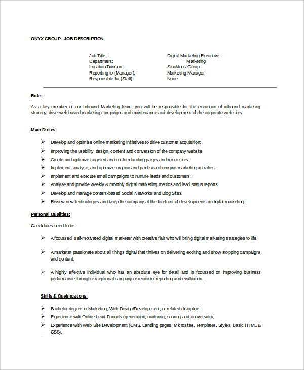 marketing job description template
