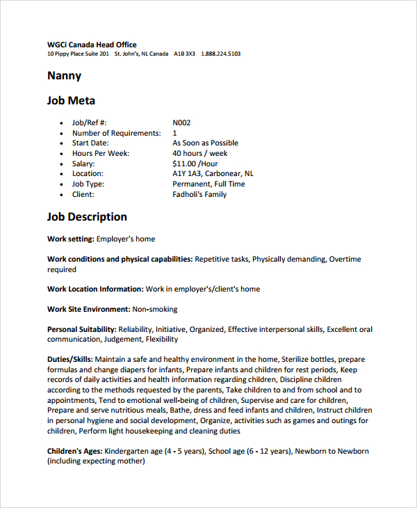 Nanny Job Description Template