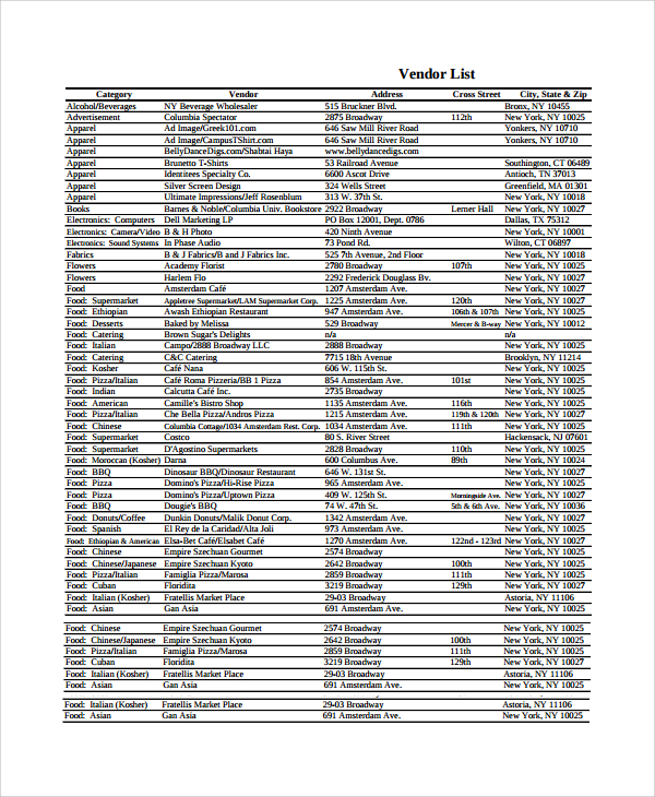 vendor list