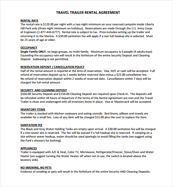 travel trailer rental agreement 