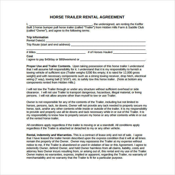 horse trailer rental agreement 