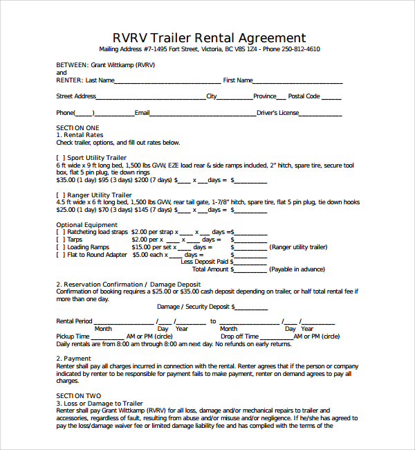 Trailer Rental Agreement Template