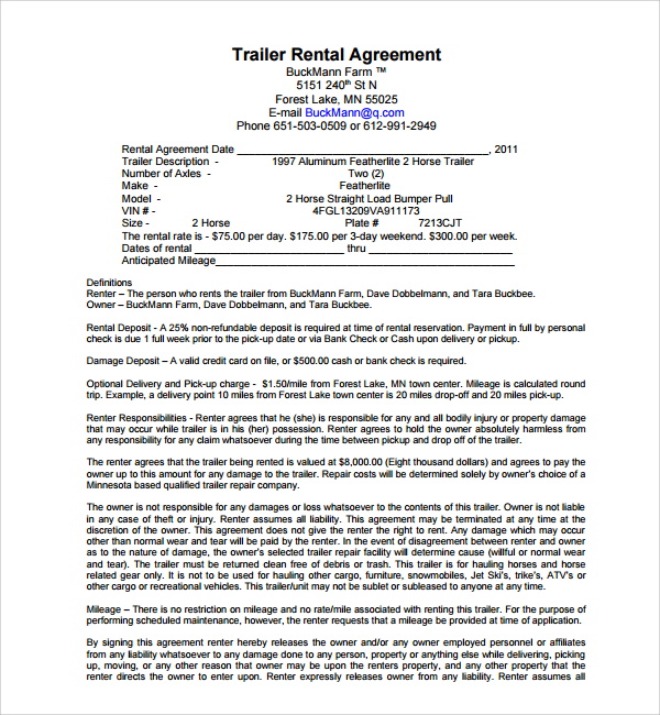 Printable Trailer Rental Agreement Template