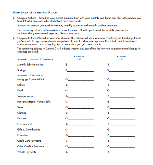 FREE 6+ Sample Spending Plan Templates in PDF | MS Word