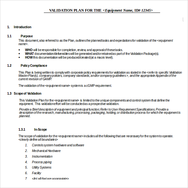 Validation Plan Template