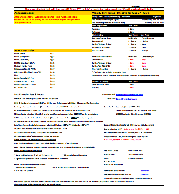 FREE 6  Sample Rate Sheet Templates in PDF