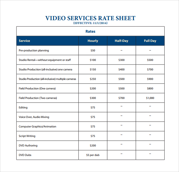 Rate Sheet Templates 16+ Free Printable Word, Excel & PDF