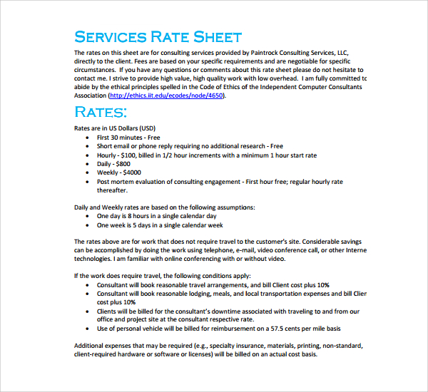 FREE 6  Sample Rate Sheet Templates in PDF