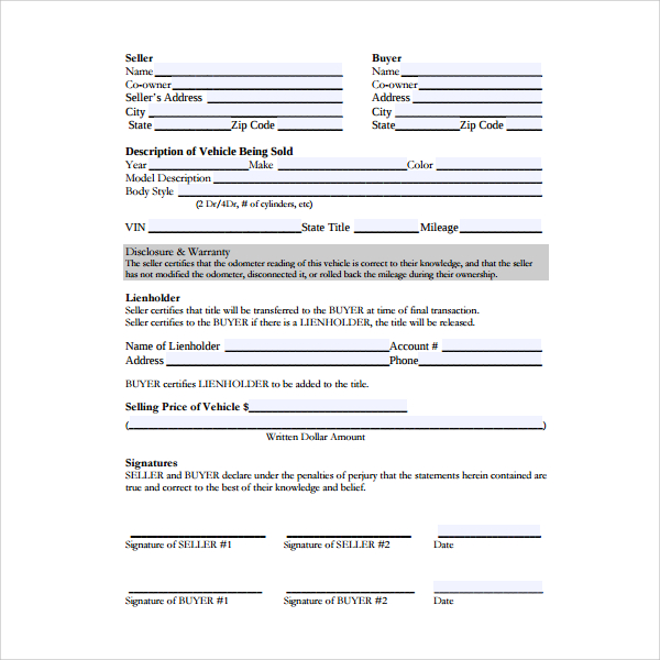 7 Auto Purchase Agreement Templates Sample Templates