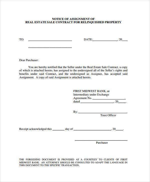 notice of assignment of contract