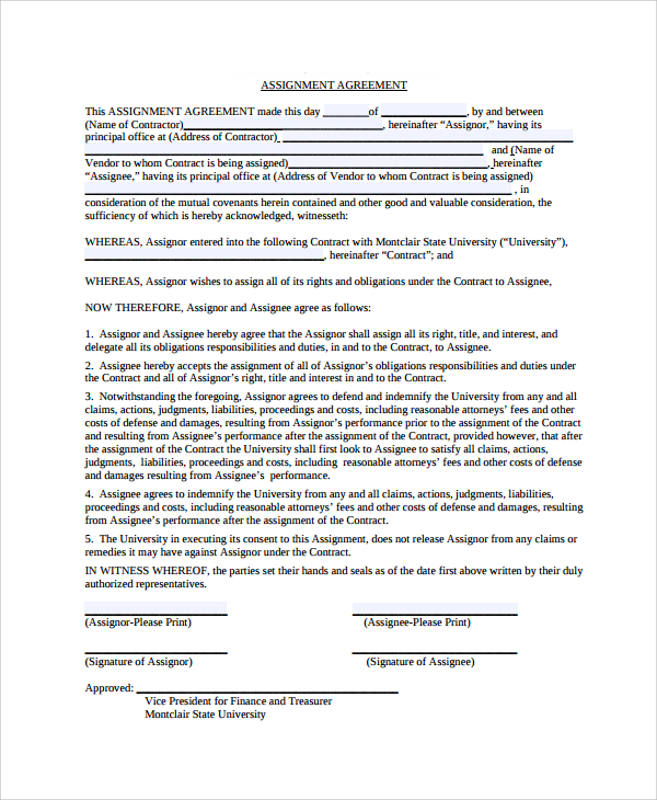Assignment agreement form