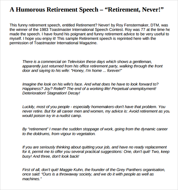 how to write a good retirement speech