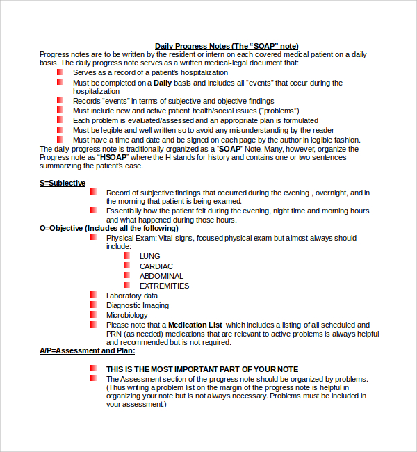 printable progress note template