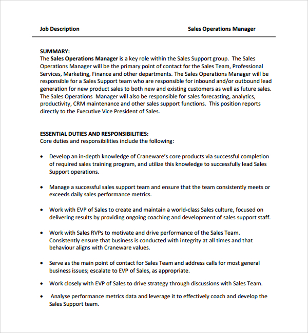 sale manager job description template