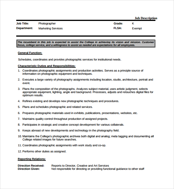 printable job description template