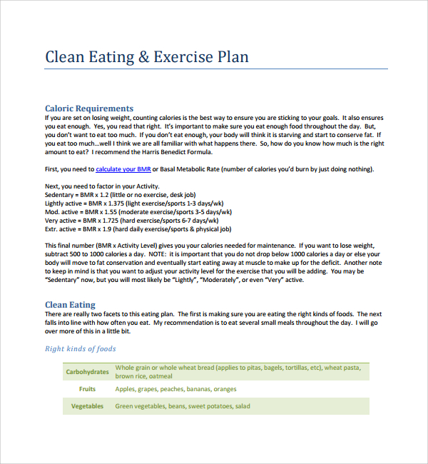 clean eating exercise plan template