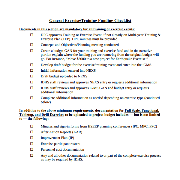 exercise training checklist template
