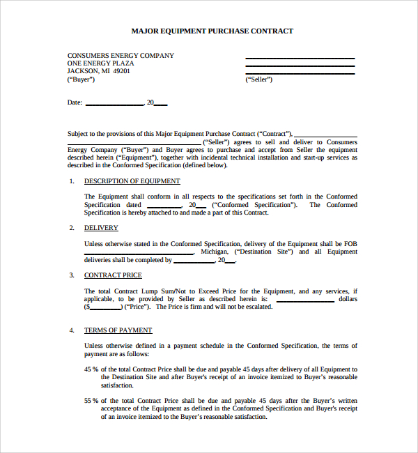 equipment purchase agreement form