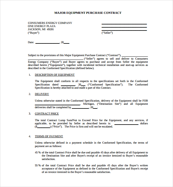 7 Equipment Purchase Agreement Templates Sample Templates