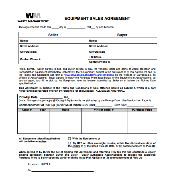7 Equipment Purchase Agreement Templates Sample Templates