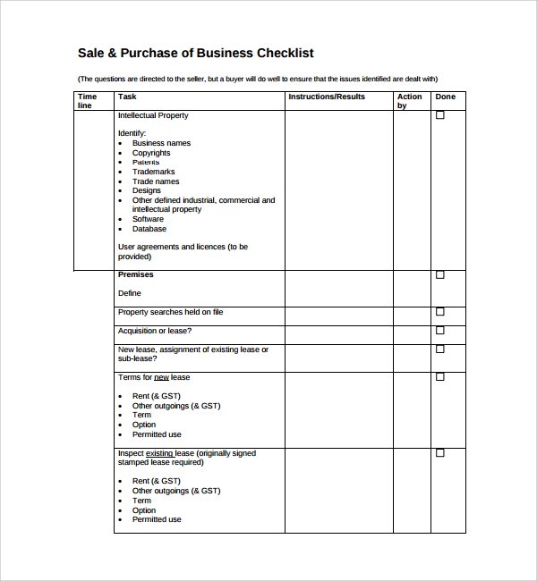sale business checklist agreement