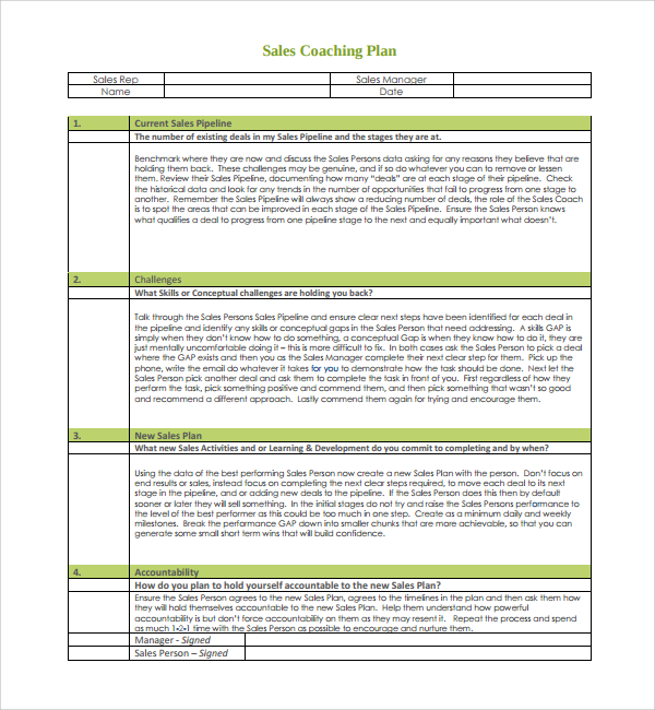 sales coaching plan template