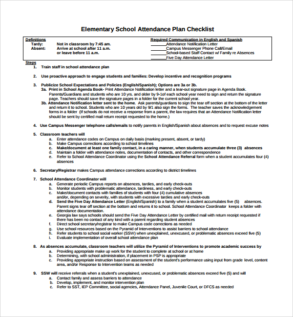 elementary school attendance plan checklist
