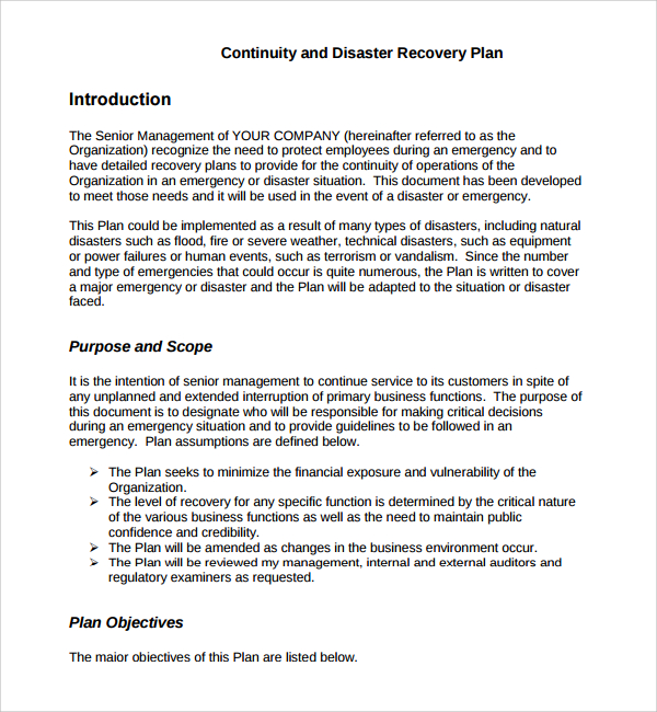 disaster recovery continuity plan