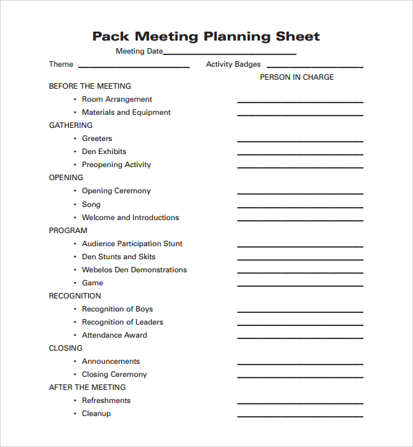 pack meeting plan template