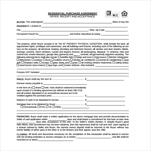 residential purchase agreement form