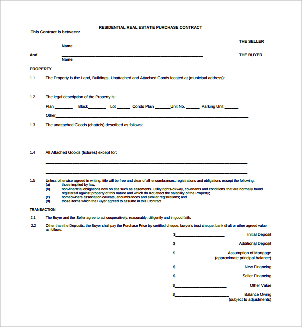 residential real estate purchase agreement