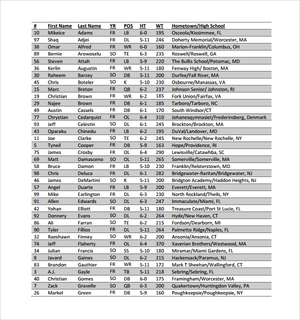 FREE 9  Sample Football Roster Templates in MS Word PDF