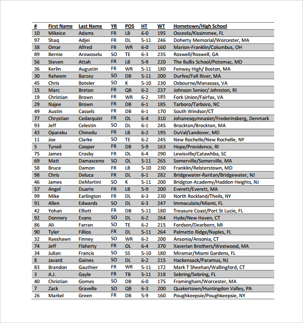 FREE 9+ Sample Football Roster Templates in MS Word PDF