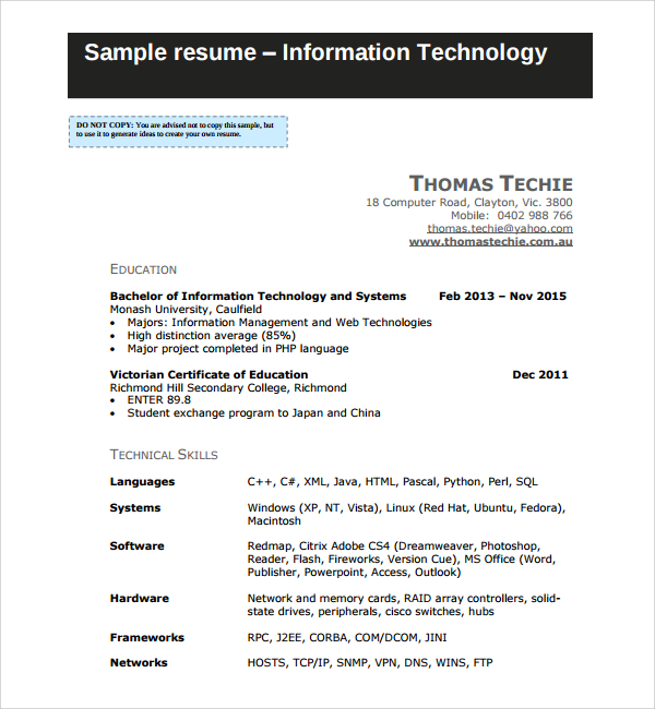 sample resume information technology﻿