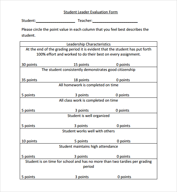 student leadership evaluation form