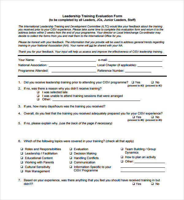 leadership training evaluation form