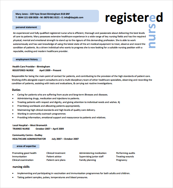 free resumes templates for registered nurses