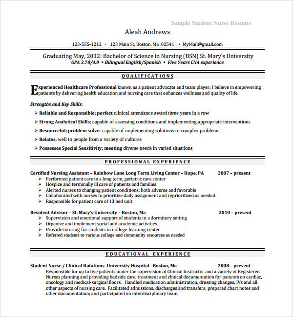 sample student nurse cv resume 