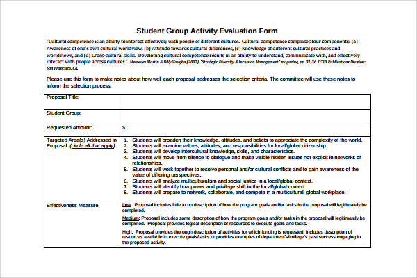 student activity evaluation form