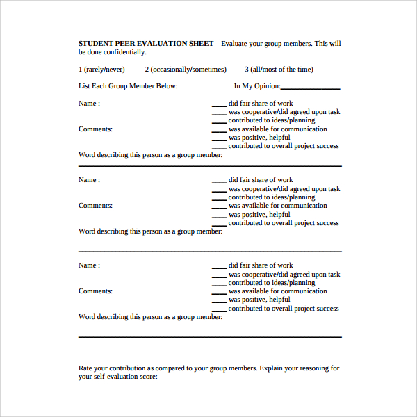 student peer evaluation sheet 